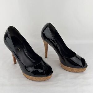 Black Patent Leather Cork Platform Peep Toe Heels Sz 9 Cole Haan